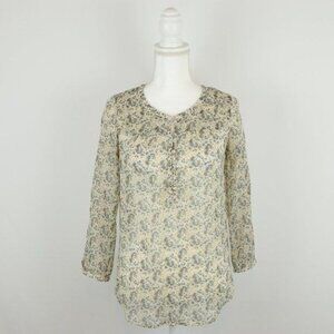 Lucky Brand Women's Small Cream Blue Floral Semi Sheer Crepe Long Sleeve Blouse